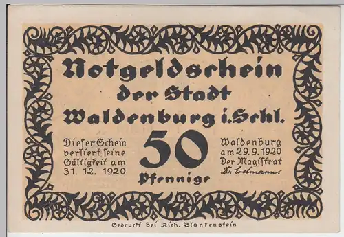 (D738) Notgeld der Stadt Waldenburg i. Schl., Wałbrzych, 50 Pf., 1920