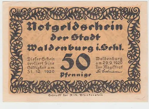 (D739) Notgeld der Stadt Waldenburg i. Schl., Wałbrzych, 50 Pf., 1920
