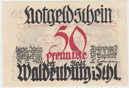 (D745) Notgeld der Stadt Waldenburg i. Schl., Wałbrzych, 50 Pf. 1920