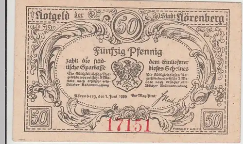(D758) Notgeld der Stadt Nörenberg, Ińsko, 50 Pfennig 1920