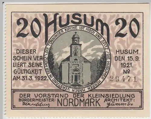 (D763) Notgeld der Stadt Husum, 20 Pfennig 1921, abgetrennt