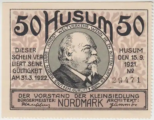 (D764) Notgeld der Stadt Husum, 50 Pfennig 1921, abgetrennt