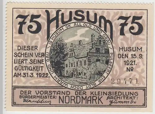 (D765) Notgeld der Stadt Husum, 75 Pfennig 1921, abgetrennt