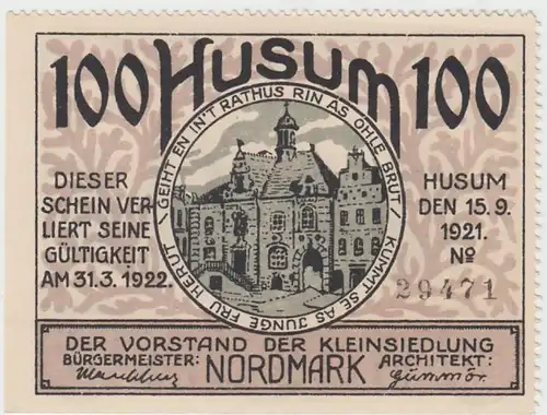 (D766) Notgeld der Stadt Husum, 100 Pfennig 1921, abgetrennt