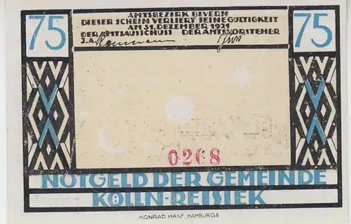 (D772) Notgeld der Gemeinde Kölln-Reisiek, 75 Pfennig 1921