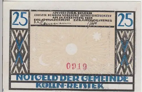 (D773) Notgeld der Gemeinde Kölln-Reisiek, 25 Pfennig 1921