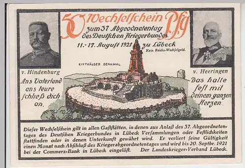 (D780) Notgeld, Wechselschein anl. d. 37. Abgeordnetentag d. Dt. Kriegerbundes 1921, 50 Pf.