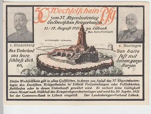 (D784) Notgeld, Wechselschein anl. d. 37. Abgeordnetentag d. Dt. Kriegerbundes 1921, 50 Pf.