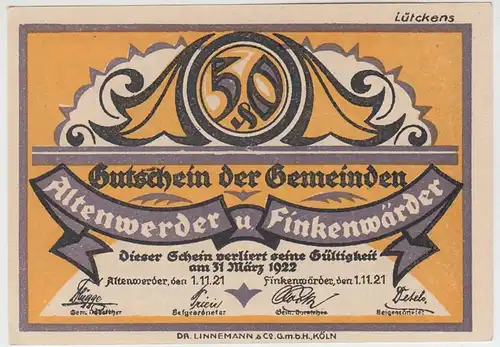 (D786) Notgeld d. Gemeind. Altenwerder u. Finkenwärder, 50 Pf. 1921, Motiv 1