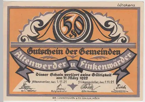 (D787) Notgeld d. Gemeind. Altenwerder u. Finkenwärder, 50 Pf. 1921, Motiv 2
