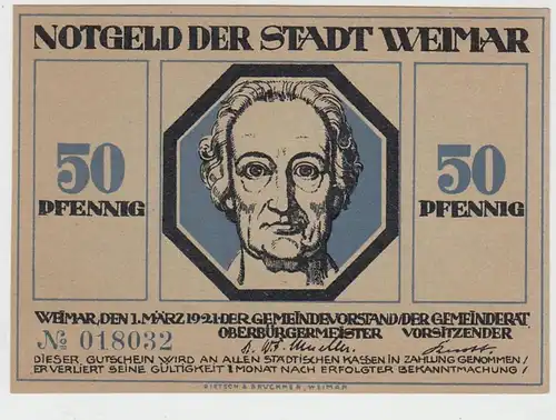 (D789) Notgeld der Stadt Weimar, 50 Pfennig 1921, Motiv 1