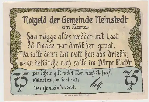 (D796) Notgeld der Gemeinde Neinstedt, 75 Pfennig 1921, Motiv 2