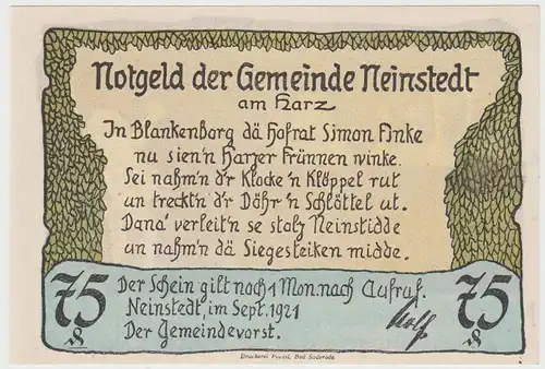 (D797) Notgeld der Gemeinde Neinstedt, 75 Pfennig 1921, Motiv 3