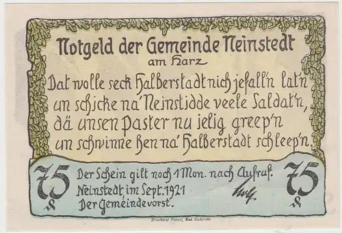 (D799) Notgeld der Gemeinde Neinstedt, 75 Pfennig 1921, Motiv 5