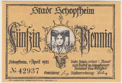 (D810) Notgeld der Stadt Schopfheim, 50 Pfennig 1921, Motiv 2