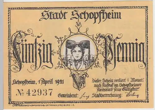 (D813) Notgeld der Stadt Schopfheim, 50 Pfennig 1921, Motiv 5