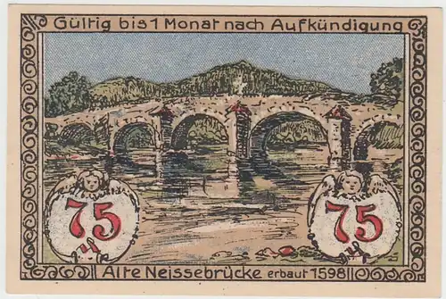 (D821) Notgeld der Stadt Wartha, Bardo, 75 Pfennig 1921, Alte Neissebrücke