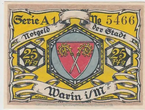 (D826) Notgeld der Stadt Warin i.M., 25 Pfennig 1922, Motiv 1