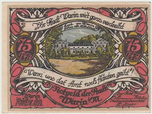 (D829) Notgeld der Stadt Warin i.M., 75 Pfennig 1922, Motiv 1