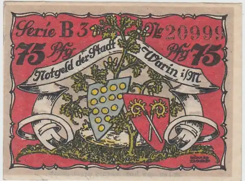 (D829) Notgeld der Stadt Warin i.M., 75 Pfennig 1922, Motiv 1