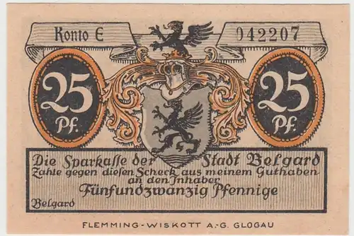 (D834) Notgeld der Stadt Belgard, Białogard, 25 Pfennig 1920/21, Rat v. Belgard