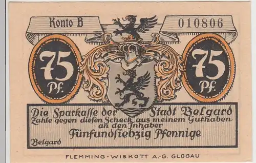 (D835) Notgeld der Stadt Belgard, Białogard, 75 Pfennig 1920/21, das Hohe Tor