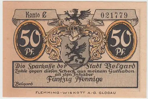 (D837) Notgeld der Stadt Belgard, Białogard, 50 Pfennig 1920/21, n.d. Lubmin'schen Karte
