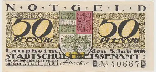 (D841) Notgeld der Stadt Laupheim, 50 Pfenning 1919