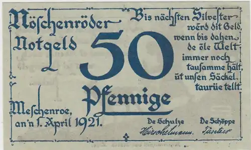 (D863) Notgeld der Stadt Nöschenrode, 50 Pfennig 1921, Scherenschnitt v. Maria Alde 1