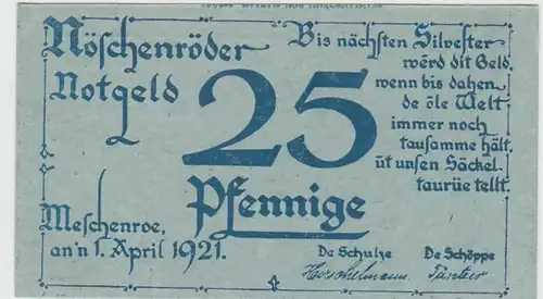 (D864) Notgeld der Stadt Nöschenrode, 25 Pfennig 1921, Scherenschnitt v. Maria Alde 1