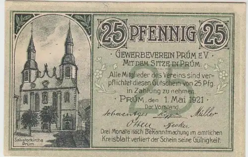 (D871) Notgeld der Stadt Prüm, Gutschein f. Gewerbeverein 25 Pfennig 1921