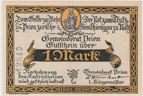 (D873) Notgeld der Stadt Prien a. Chiemsee, 1 Mark 1920