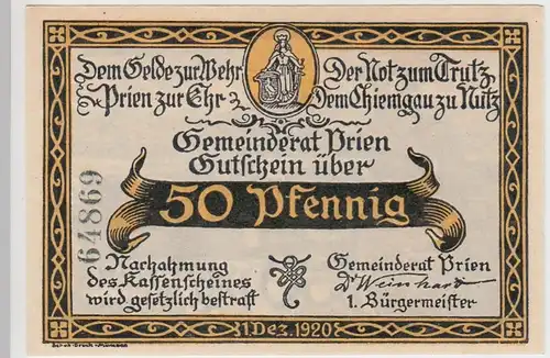 (D874) Notgeld der Stadt Prien a. Chiemsee, 50 Pfennig 1920