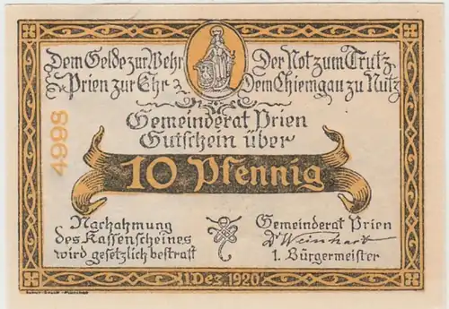 (D875) Notgeld der Stadt Prien a. Chiemsee, 10 Pfennig 1920