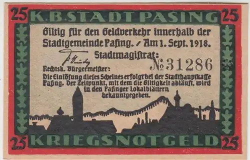 (D878) Notgeld der Stadt Pasing, 25 Pfennig 1918, Version 2