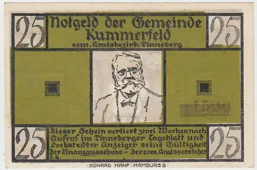 (D896) Notgeld der Gemeinde Kummerfeld, 25 Pfennig, Wettgedicht 1