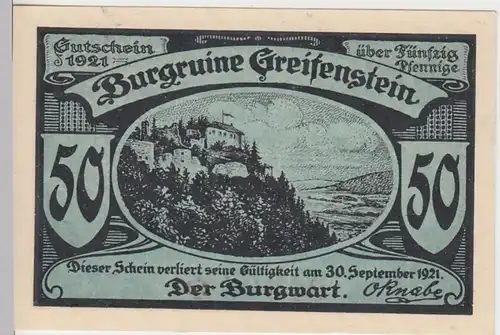 (D915) Notgeld der Burgruine Greifenstein b. Blankenburg, 50 Pfennig 1921, blau