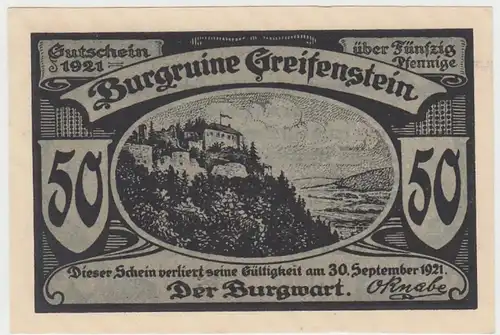 (D916) Notgeld der Burgruine Greifenstein b. Blankenburg, 50 Pfennig 1921, grau