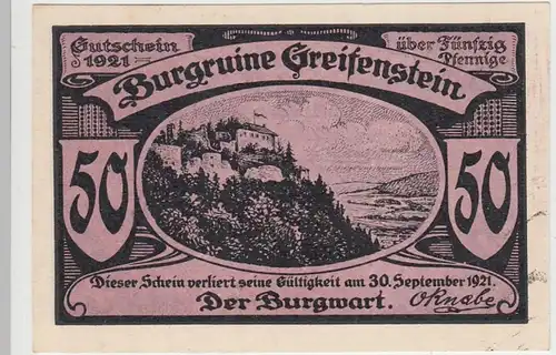 (D919) Notgeld der Burgruine Greifenstein b. Blankenburg, 50 Pfennig 1921, violett
