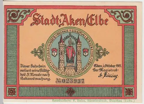 (D923) Notgeld der Stadt Aken / Elbe, 50 Pfennig 1921, Schleppkähne