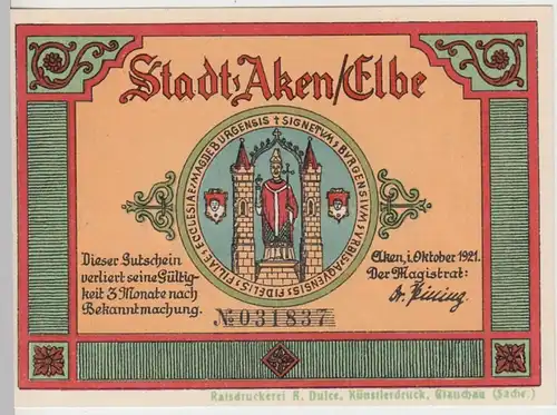 (D925) Notgeld der Stadt Aken / Elbe, 75 Pfennig 1921, Rathaus