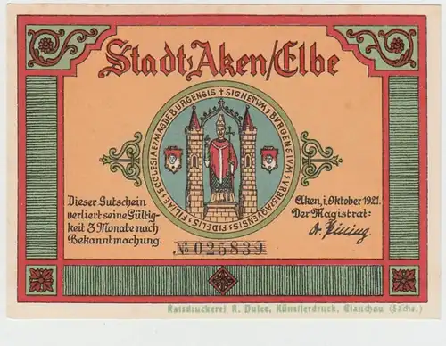 (D926) Notgeld der Stadt Aken / Elbe, 50 Pfennig 1921, Kur-Aken