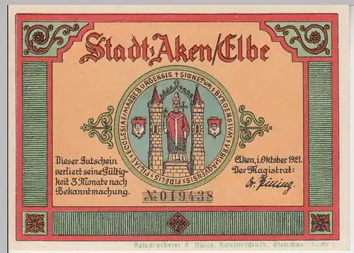 (D927) Notgeld der Stadt Aken / Elbe, 50 Pfennig 1921, Stadttore