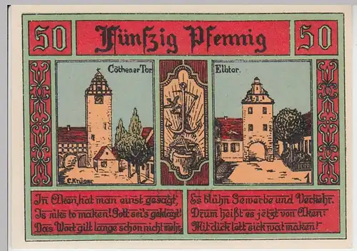 (D927) Notgeld der Stadt Aken / Elbe, 50 Pfennig 1921, Stadttore