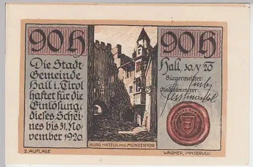 (D941) Notgeld der Stadt Hall i. Tirol, 90 Heller 1920