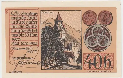 (D947) Notgeld der Stadt Hall i. Tirol, 40 Heller 1920