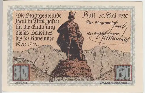 (D948) Notgeld der Stadt Hall i. Tirol, 30 Heller 1920, Stadtansicht