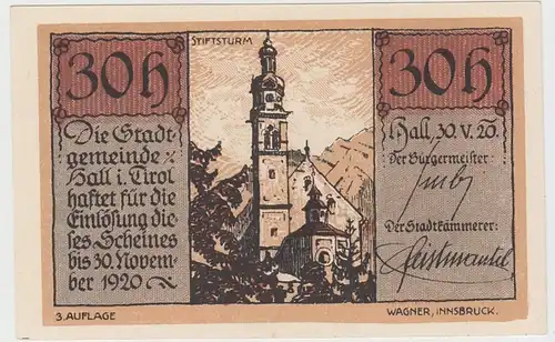 (D949) Notgeld der Stadt Hall i. Tirol, 30 Heller 1920, Stiftsturm