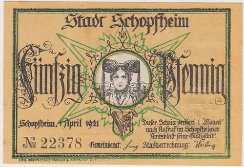 (D953) Notgeld der Stadt Schopfheim, 50 Pfennig 1921, Motiv 2