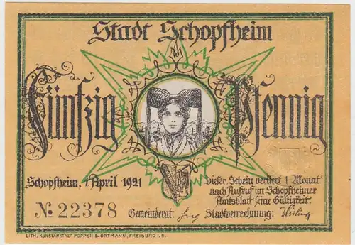 (D955) Notgeld der Stadt Schopfheim, 50 Pfennig 1921, Motiv 1